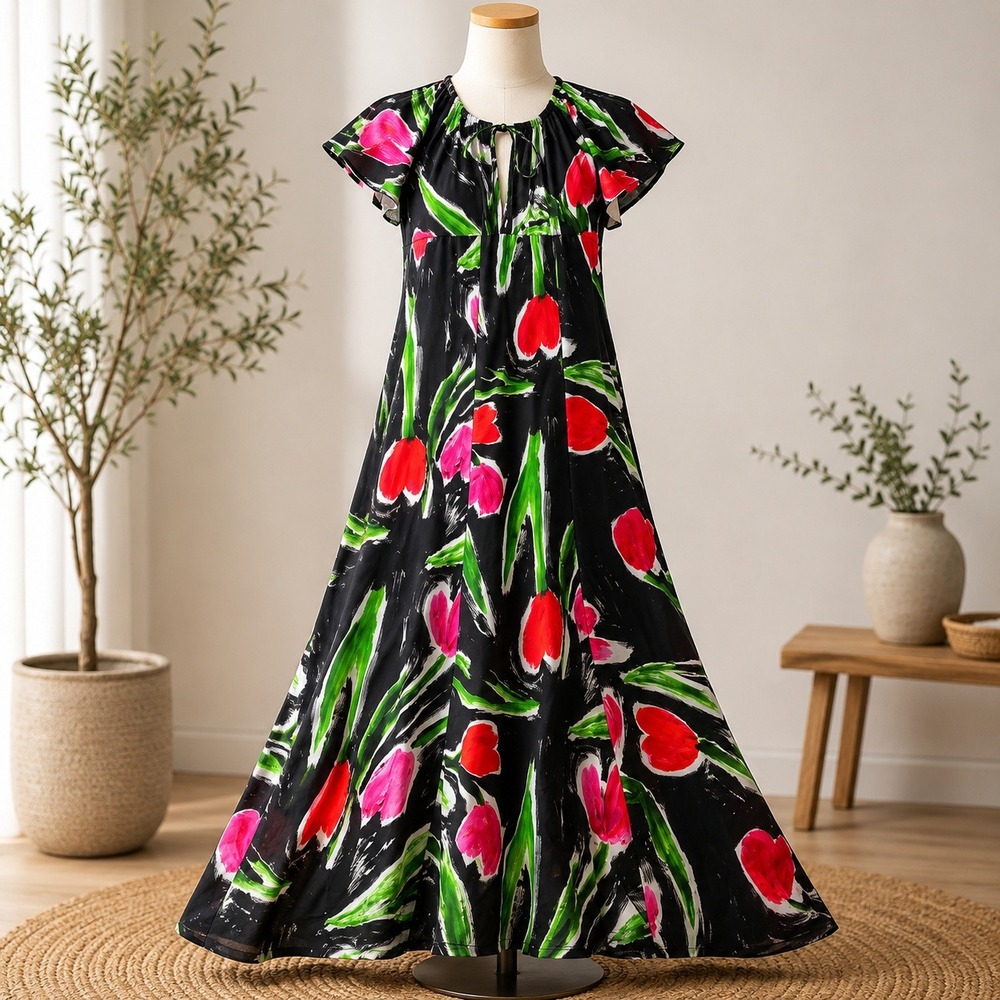 NWT Topshop Maxi Dress Womens 2 Black Red Tulip Floral Flutter Sleeve Empire